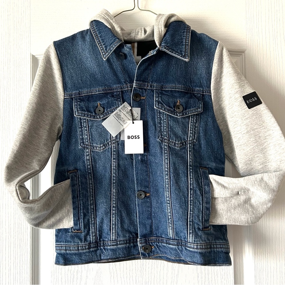 Boss Kids Hybrid Denim Jacket with a Gray Hooded Jersey panel. 10yrs